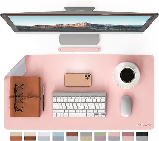 RENMTURE Double-Sided Two-Tone Faux Leather Desk mat Desktop Organization and Accessories Home and Office Large Mouse pad Game and Work (Pink/Gray, 32"x16")