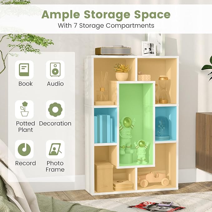 Tangkula 35.5” Geometric Bookshelf, Freestanding Wood Open Bookcase with 7 Cubes, Anti-Toppling Devices, Home Office Décor Rectangular Storage Shelf Display Rack for Study Living Room (2, White)