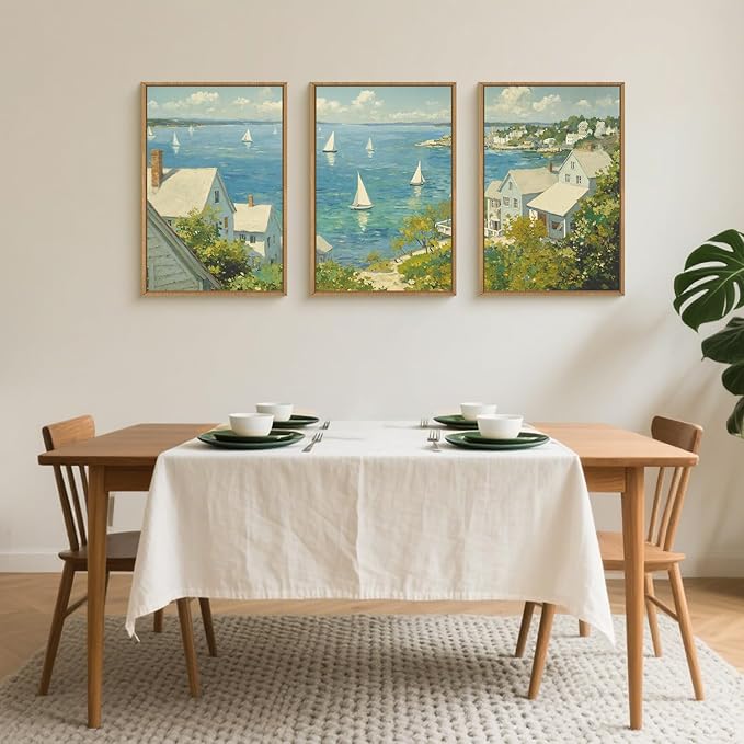 Large Coastal Sailboat Framed Canvas Wall Art Set,Summer Seascape Wall Decor,Nautical Blue Ocean Art Prints,Nature Beach Artwork for Living Room,Bedroom,Dining Room,Office-16 x24 x3