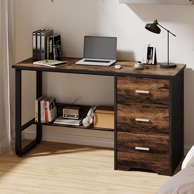 Small Computer Desk with Drawers, 47 Inch Home Office Desk with 3 Drawers & Bottom Shelves, Study Desk with Storage for Bedroom, Writing and Work, Black and Brown