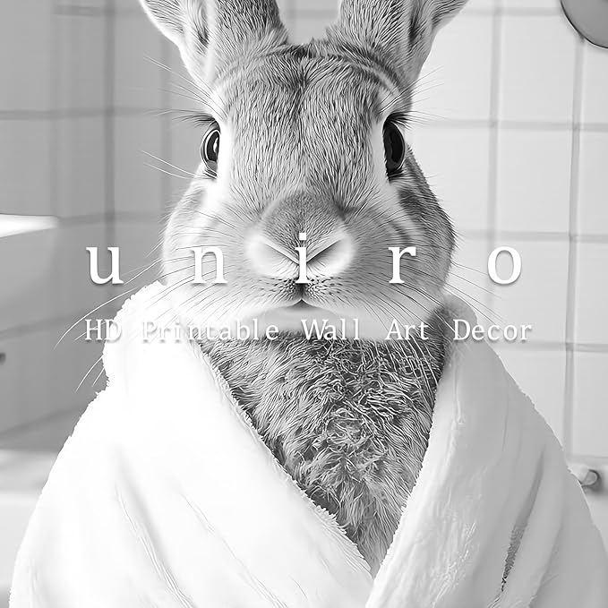 uniro Funny Bathroom Wall Art Prints Black and White Bath towel bunny Bathroom Picture Wall Decor Whimsical Farmhouse Decor Cute Rabbit Animal Canvas Print Painting Modern Bathroom Signs Wall Art Poster for Bathroom Decor( 8" x 10"-UNFRAMED)