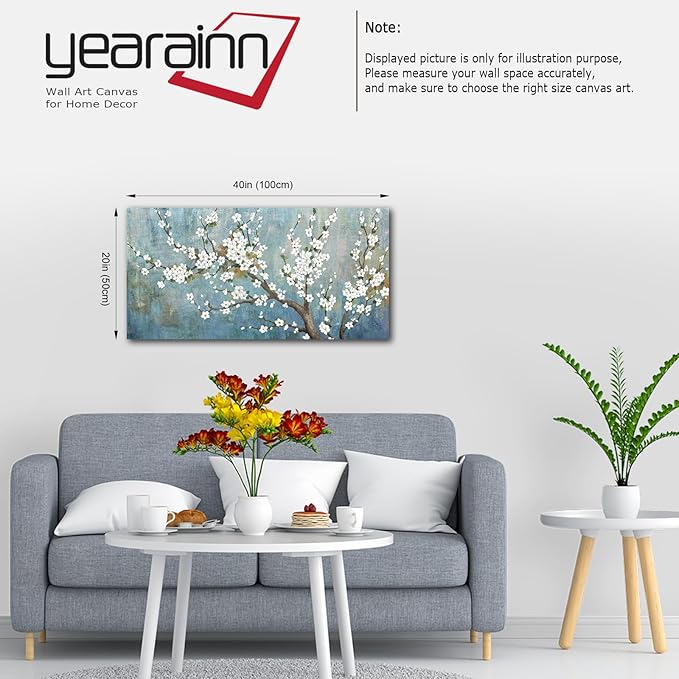 yearainn Elegant Flowers Canvas Wall Art - Plum Blossom Pictures for Wall Decor Rustic Turquoise Canvas Painting Nature Printing Artwork for Living Room Bedroom Home Office Wall Decoration 20" x 40"