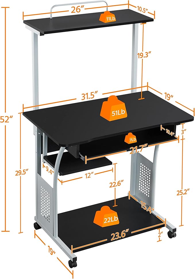 Topeakmart 3 Tier Computer Desk with Printer Shelf and Keyboard Tray, Home Office Desk Computer Workstation Rolling Study PC Laptop Table for Small Spaces Black