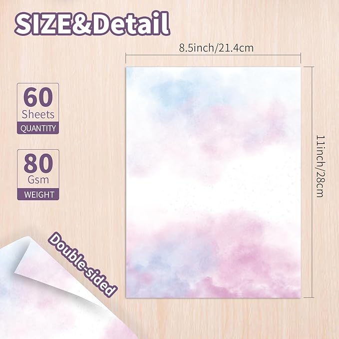 60 Sheets Watercolored Stationery Paper, 8.5 x 11 inch Double-Sided Pastel Paper for Writing Letters and Invitations(Style 02)