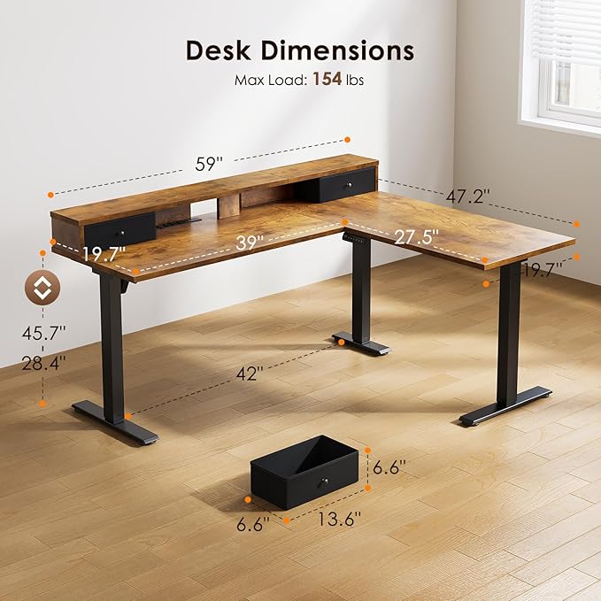 Casaottima 59 Inch Electric L-Shaped Standing Desk with Drawers, Height Adjustable Stand Up Corner Desk with Monitor Stand, Lift Table for Home, Office, Workstation, Rustic Brown