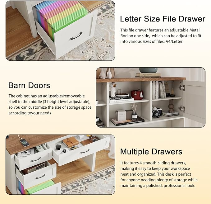 Farmhouse 67" H Executive Desk with Hutch,Computer Desk with 4 Drawers and LED light, Office table with Storage Cabinet & File Drawers and Charging Station, Workstation for Home Office and Study