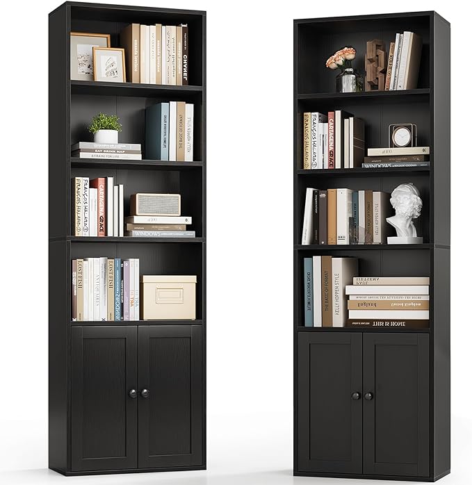 Casaottima Bookshelf and Bookcase with Doors, Floor Standing 6-Tier Shelf Display Storage Shelves, Tall Bookcases for Home Office, Living Room, Black 2 Pack