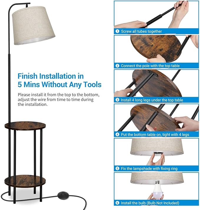 DEWENWILS Floor Lamp with Table Attached, Farmhouse Narrow Nightstand, Wooden End Side Table Floor Lamp, Adjustable Reading Lamp for Bedroom, Living Room, Office, Kids Room