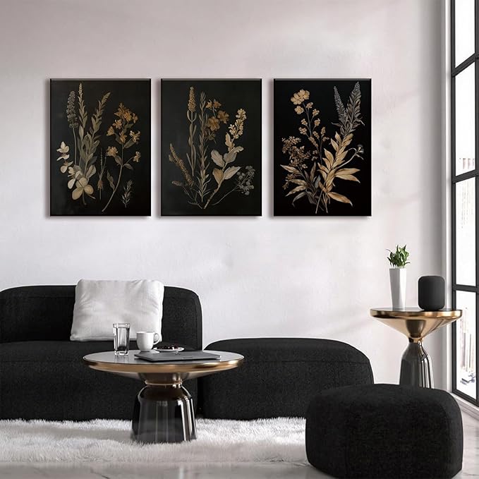 TUEASKY 3 Piece Floral Canvas Wall Art Dark Moody Wall Decor Botanical Pictures Wildflower Paintings 3 pieces Flower Prints for Bedroom Living Room
