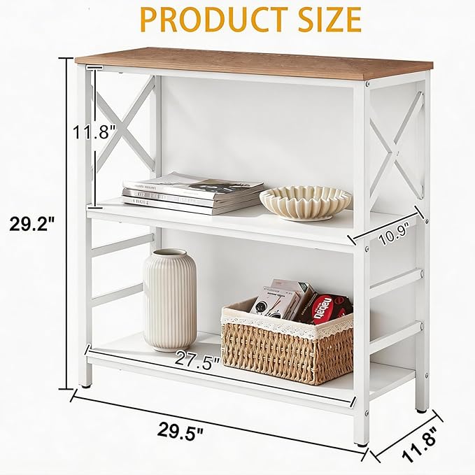 Book Shelf, Small 3-Tier Industrial Bookshelf with Strong Metal Frame & Backboard, 29.5" Short Bookcase for Small Spaces, Living Room, Bedroom and Home Office, White