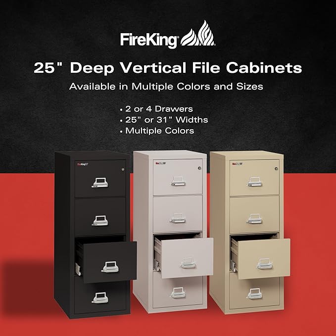 FireKing Fireproof Vertical File Cabinet (4 Letter Sized Drawers, Impact Resistant, Water Resistant), 52.25" H Parchment, 18 W x 25 D, (41825CPA)