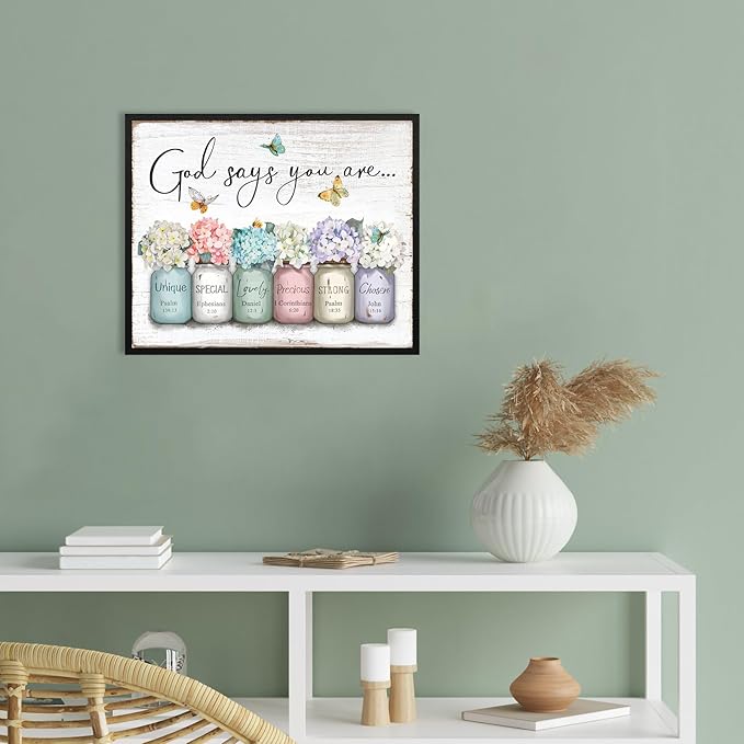 God Says You Are Wall Art: Inspirational Quotes Christian Wall Art Bible Verses Wall Decor Religious Gifts for Women Girls,Hydrangea Flower in Mason Jar Picture Poster Bedroom Decor 16"x20"
