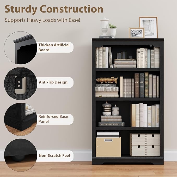 HIFYOBRO 4 Tier Bookshelf, 55 Inches Tall Bookcase, Wooden Book Shelf with Storage, Freestanding Open Display Bookshelves for Study Room, Home Office, Living Room (Black, 4-Shelf)