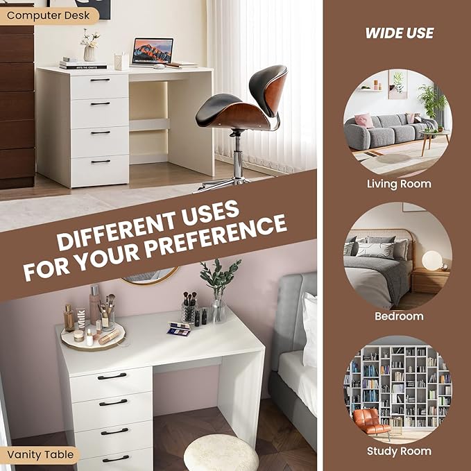 Giantex White Computer Desk with 4 Large Drawers, Home Office Laptop PC Desk, Writing Table, Modern Computer Workstation for Bedroom Study Room