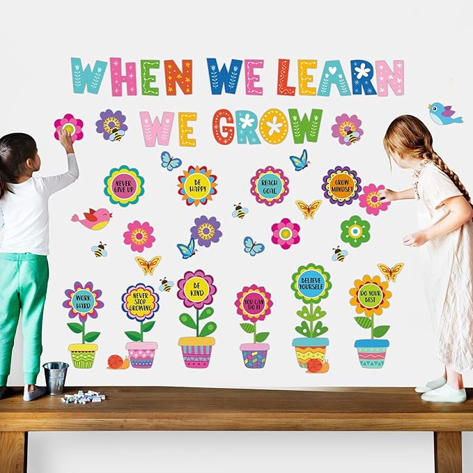 82Pcs Spring Themed Flower Growth Mindset Bulletin Board Set Classroom Decorations When We Learn We Grow Floral Cutouts Positive Sayings Colorful Flower Cutouts for Kids School Offices Supplies