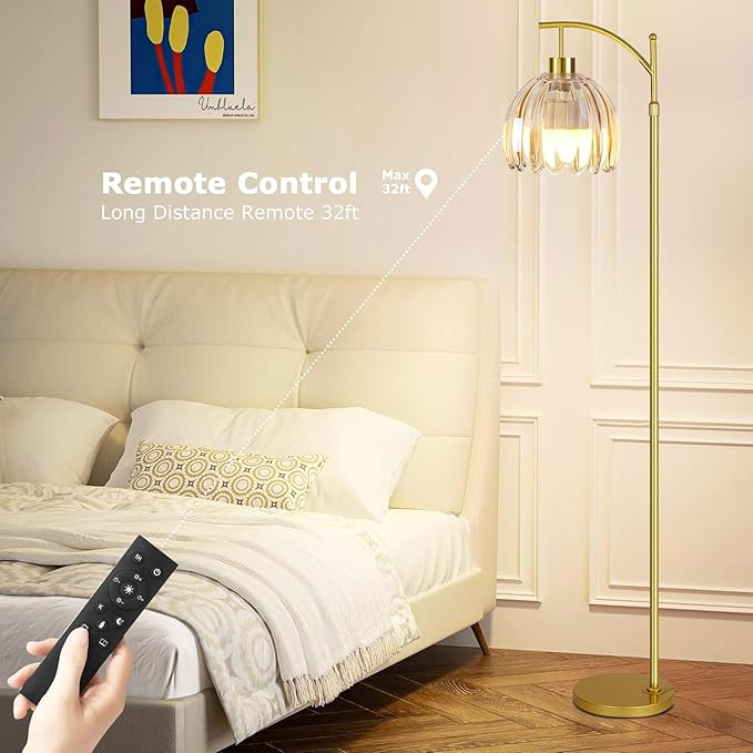 Glass Floor Lamp for Living Room,Bedroom,Gold Dimmable Standing Lamp with Remote,Mid Century Modern Brass Tall Lamp Boho Floor Lamps Arc Stained Flower Floor Light Lamp Girls Bohemian