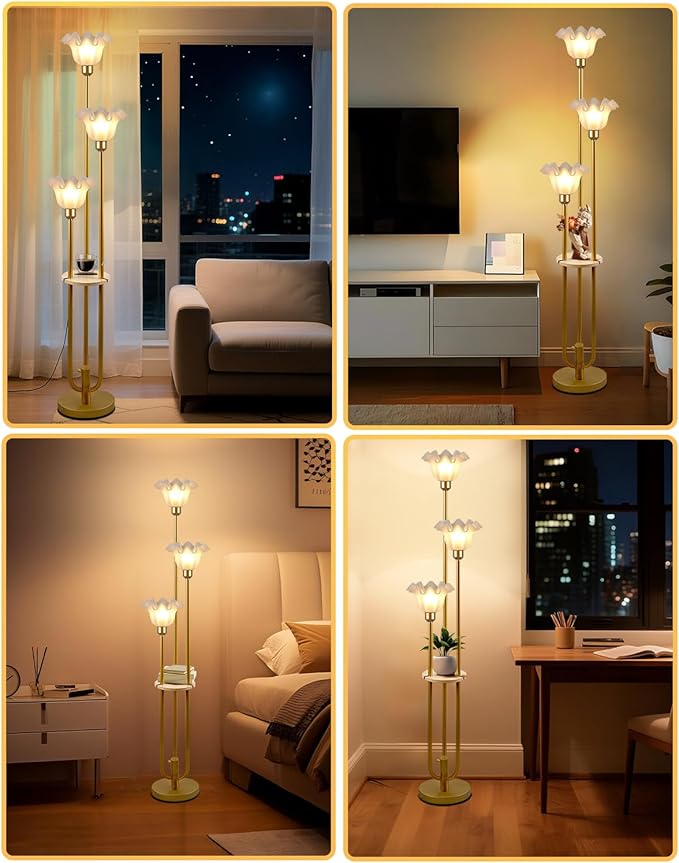 Lightdot Flower Floor Lamp for Living Room, Dimmable Vintage Floor Lamp with Shelf& Bulbs Included, 3 Light Warmwhite Mid Century Gold Floral Standing Tall Lamp for Bedroom/Sofa Beside/Corner Decor
