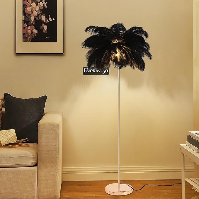 Feather Floor Lamp for Living Room, Fluffy Ostrich Feathers Lamp, Rose Gold Color Body, 3 Color Temperatures Modern Funky Arc Tall Standing Lamp for Bedroom Inclued Bright LED Bulbs (Black)