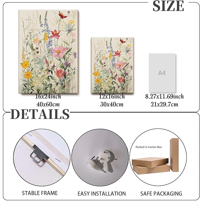 KISSFOX 3 Piece Watercolor Flower Framed Wall Art Decor Colorful Botanical Wildflower Pictures Paintings Wall Decor Modern Minimalist Floral Canvas Art Prints Artwork For Bedroom Living Room Bathroom