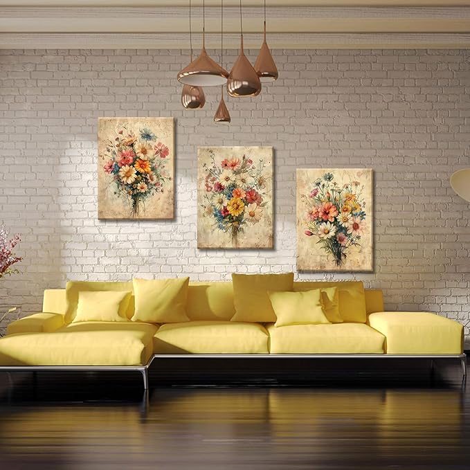KISSFOX Framed Colorful Wildflower Canvas Wall Art Set Of 3 Flowers Pictures Prints Flowers Printing Floral Watercolors Flower wall Decor Living Room Girls Bedroom Bathroom