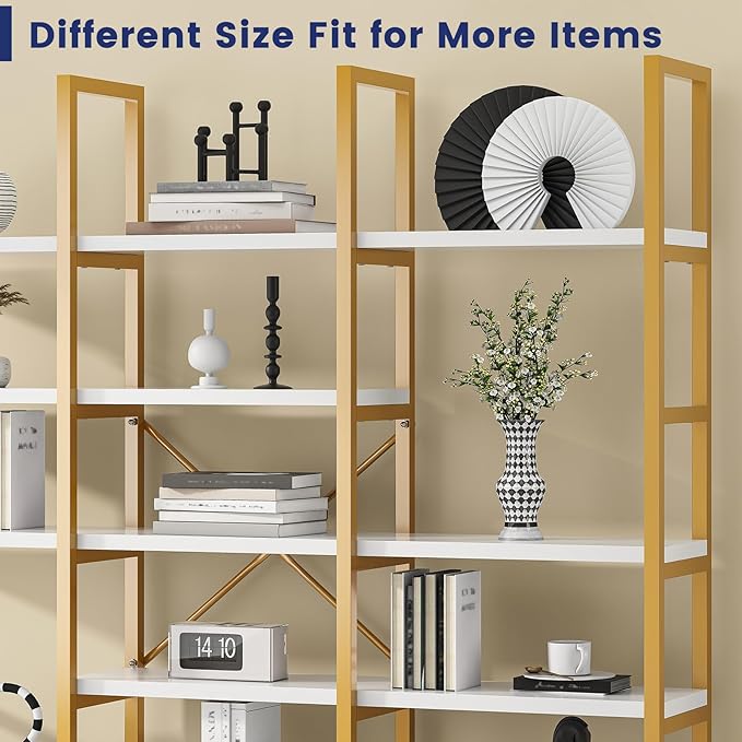Jehiatek Gold Bookshelf 5 Tiers, Geometric Bookcase, 71"L x 71"H Tall Etagere Book Case, Sturdy Metal Frame, Freestanding Display Shelving Unit for Home, Office, Library