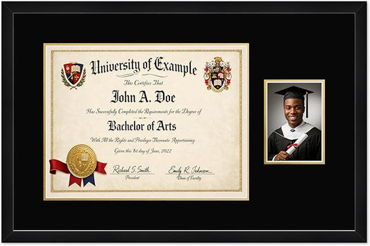 CountryArtHouse Fits 17 x 13 International Diploma and 5 x 7 Photo Diploma and Photo Frame Matte Black Genuine Hardwood with Black Over Metallic Gold Double mat