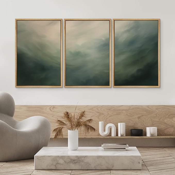 SIGNWIN Framed Canvas Print Wall Art Set Green Abstract Cloudy Landscape Illustrations Modern Art Decorative Boho Relax/Zen Nordic for Living Room, Bedroom, Office - 16"x24"x3 Natural
