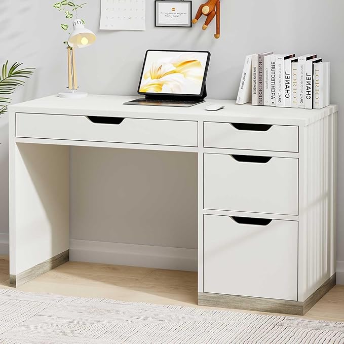 White Desk with Drawers, 48 Inch Small Computer Desk with 4 Storage Drawers for Small Space, Home Office Desk for Bedroom with Storage File Drawer