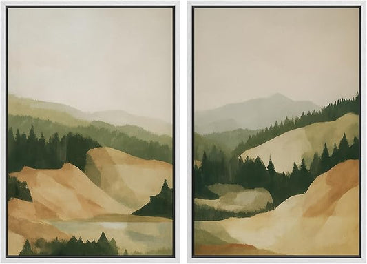 SIGNWIN Framed Canvas Print Wall Art Set Green and Beige Forest Hills Nature Mountain Landscape Illustrations Modern Art Decorative Multicolor for Living Room, Bedroom, Office - 16"x24"x2 White