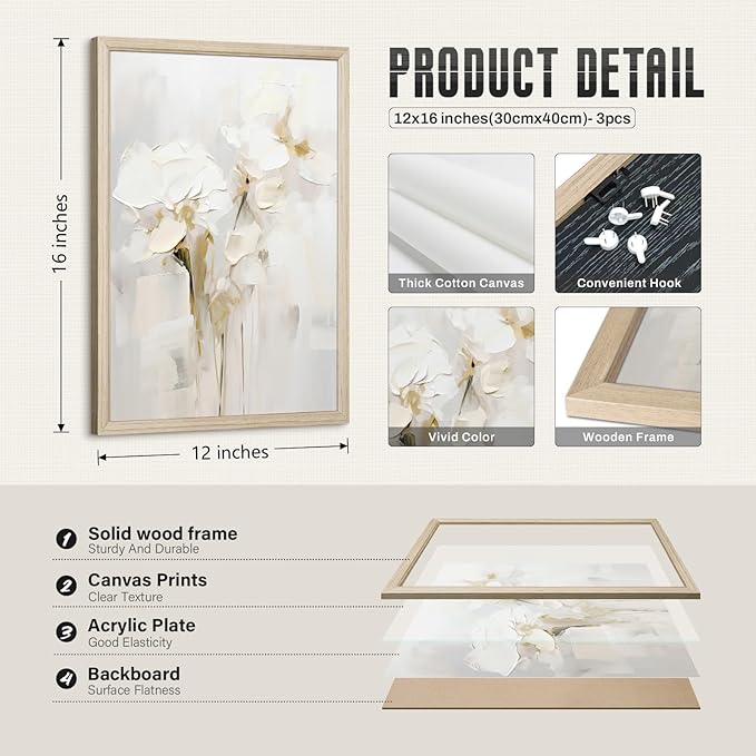 Neutral Wall Art Abstract Floral Canvas Pictures Beige Flower Wall Decor Modern Painting Minimalist Poster Abstract Botanical Prints White Artwork for Bedroom Living Room 12x16x3 Inch Wood Framed