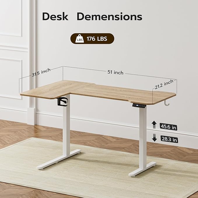 51" Reversiable L-Shaped Electric Standing Desk Adjustable Height Gaming Stand Up Corner Desk Sit Stand Home Office Computer Desk with Splice Board, Light Rustic Brown Top
