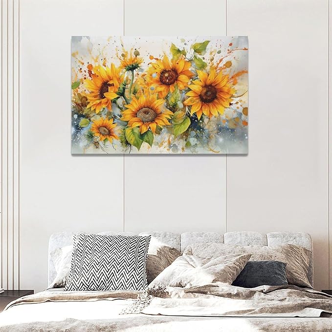 yerretin Sunflower Wall Art Watercolor Pictures Wall Decor Rustic Sunflower Canvas Farmhouse Print Artwork Home Decorations for Living Room Bedroom Bathroom Office Framed 24"x16"