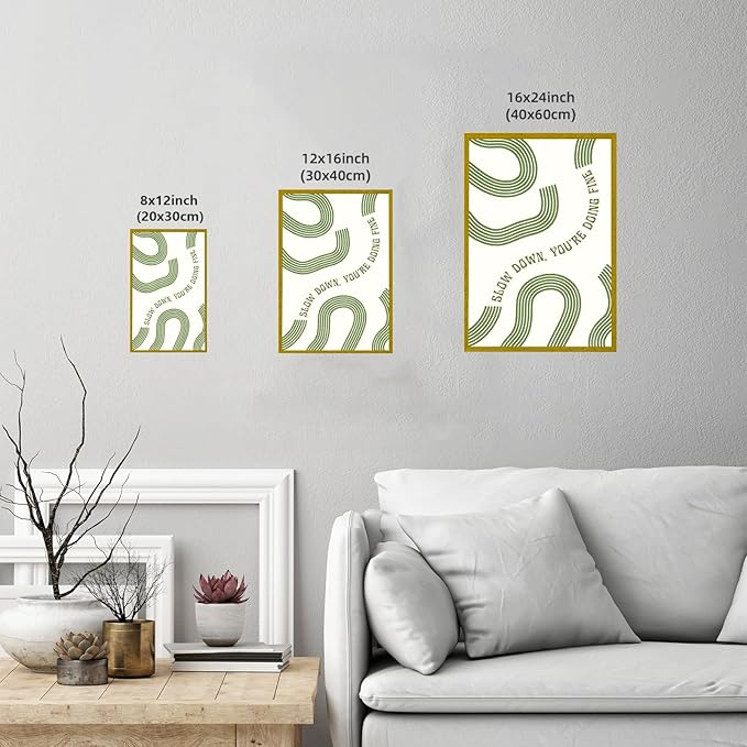 Slow Down You’re Doing Fine Wall Art Retro Minimalist Motivational Quote Music Poster Inspirational Midcentury Song Lyrics Sage Green Canvas Prints for Bedroom Home Decor 24x36inch Golden Framed