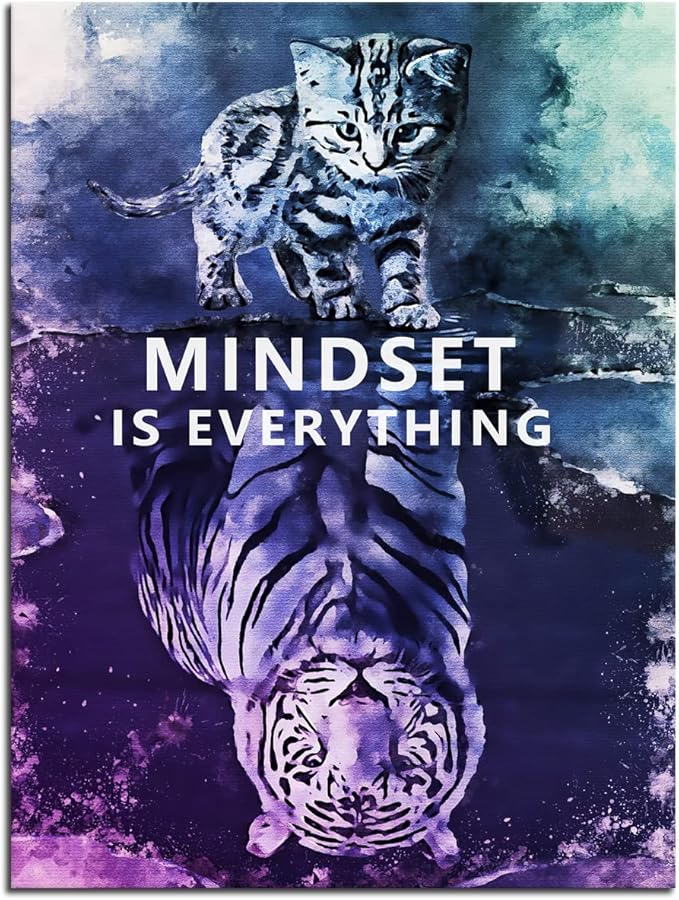 Inspirational Wall Art Posters Big Tiger Pictures Small Cat Canvas Painting Mindset is Everything Print Poster Artwork Wooden Home Decor for Living Room Gym Office Framed Ready to Hang[18" W x 24" H]