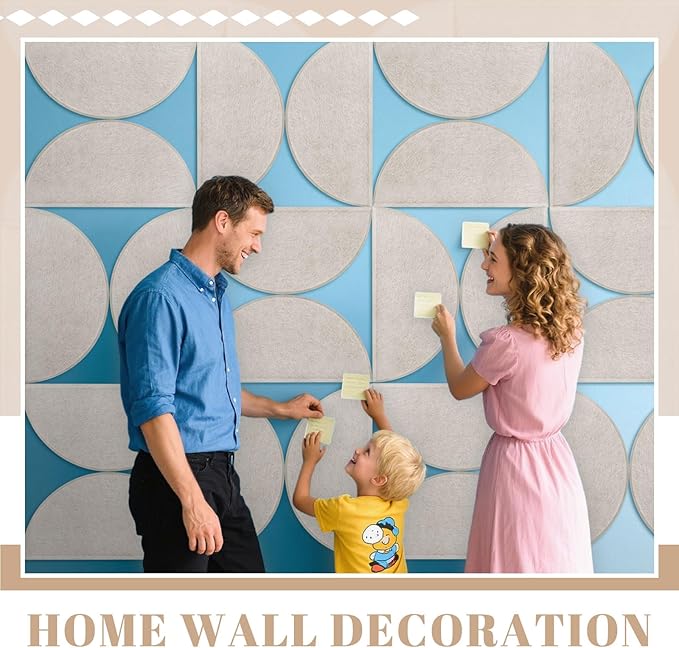 24 Pack Decorative Bulletin Board Felt Wall Tiles Bulk 11.8"x5.9" Semi-Circle Large Wall Art with Removable Adhesive Tabs for Customizable DIY Home Office Decoration Gift (White)