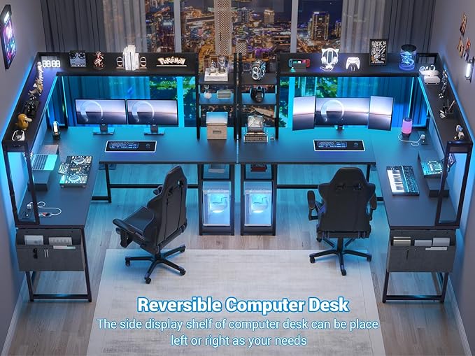 Aheaplus L Shaped Gaming Desk, Reversible L Shaped Desk with Power Outlet and Led Lights, Gaming Desks Corner Computer Desks with Hutch, Monitor Stand and Storage Bag for Home Office, Black