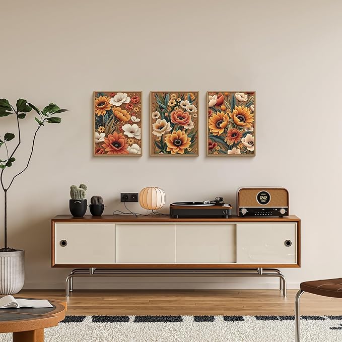 Boho Flower Botanical Framed Canvas Wall Art,Abstract Floral Wall Decor,Embroidery Plant Painting,Bloom Wildflower Artwork for Living Room,Bedroom,Dining Room,Office -12"x16"x3