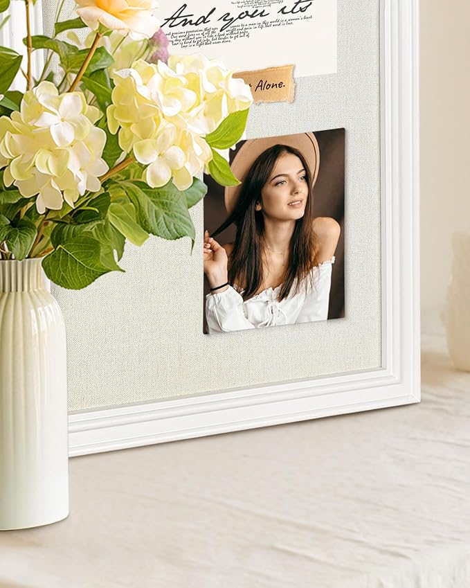 Bulletin Board with Linen, 13x17 inches Pin Board with White Frame, Decorative Hanging Bulletin Board Vision Board Message Board Colletion Board for Office School Home Decor