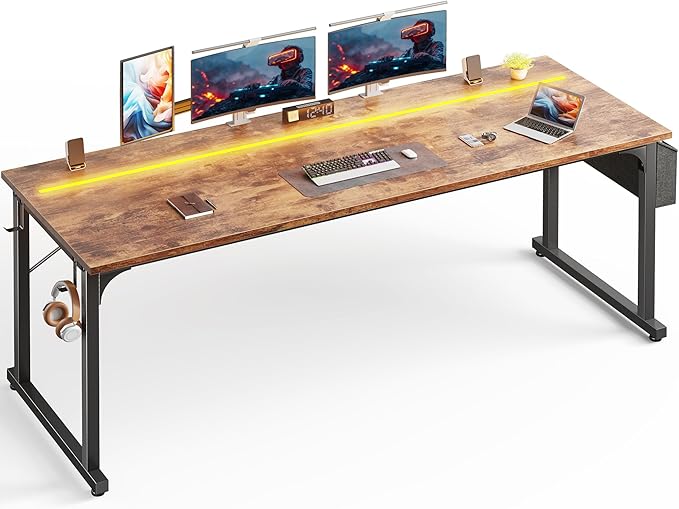 71 Inch Computer Desk with LED Lights, Office Desk for Home Office, Study Desk Writing Table with Storage Bag, Headphone Hook, Rustic Brown