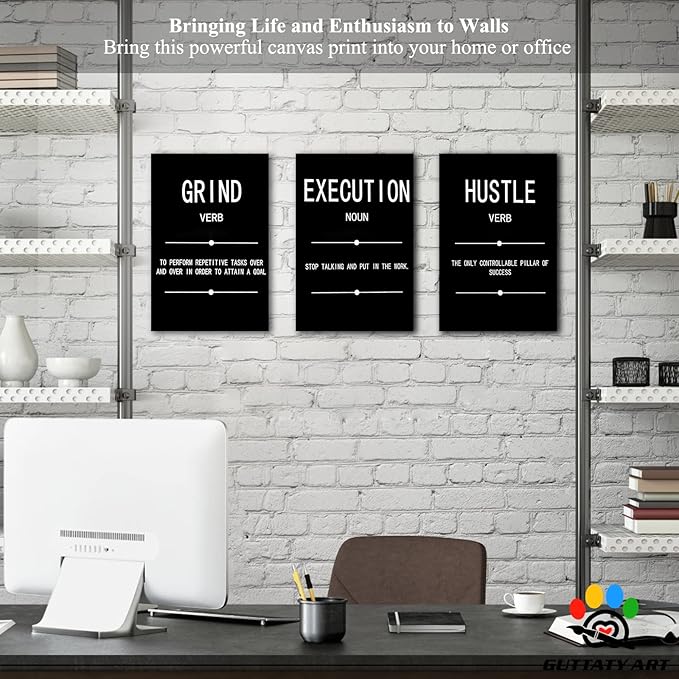 Office Wall Art - 3 Panel Motivational Wall Art, Inspirational Quotes Canvas Art for Home Office Wall Decor, Positive Quotes Wall Decor, Entrepreneur Grind Hustle Execution Poster Frame (12”x24”x3Pcs)