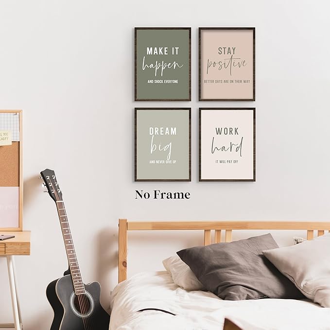 QLMX Office Inspirational Wall Art Prints Set of 4, Boho Motivational Make It Happen Stay Postive Prints Wall Decor for Office, Positive Quotes Poster for Home 12”x16” Unframed