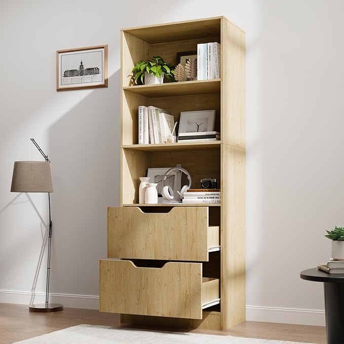 Bookcase with 2 Drawers, 3-Tier Bookshelf with Storage, 3 Shelf Bookshelf with Adjustable Shelf, Modern Bookshelf, Open Shelves for Study, Bedroom & Home Office, Natural