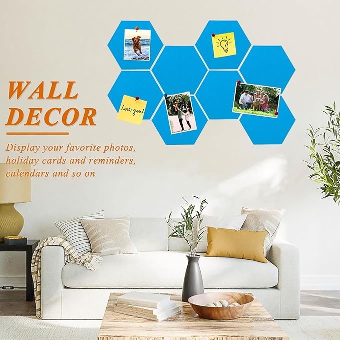 8 Pcs Hexagon Felt Cork Bulletin Board Tiles, Self Adhesive DIY Bulletin Board Pin Board for Office School Home Wall Decor Memos Photos Display(Bright Blue)