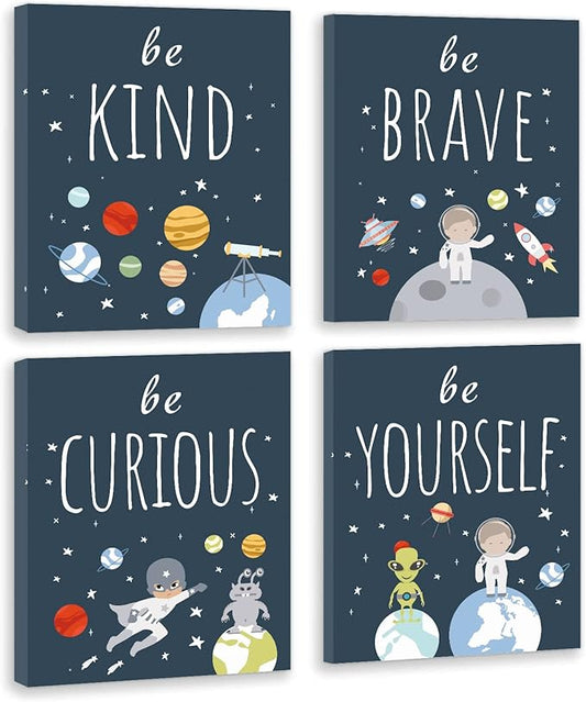 CHDITB Frame Outer Space Art Print, Boys Planet Theme Canvas Posters, Set Of 4 (12' x 16') Space Canvas Wall Art For Kids Room Decor, Ready to Hang
