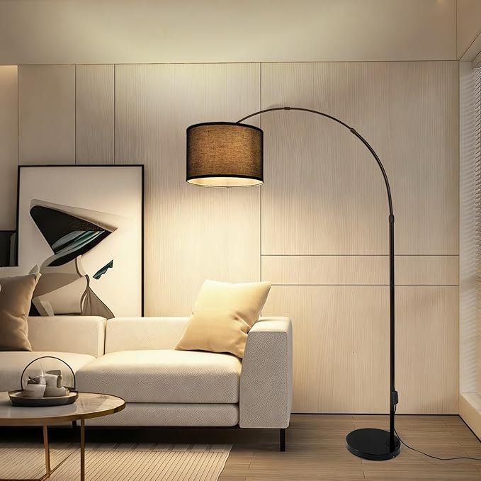 Black Arc Floor Lamp, Modern Standing Floor Lamp with Adjustable Head & Fabric Drum Shade, Over Couch Reading Light for Living Room, Bedroom, Office, Study Room
