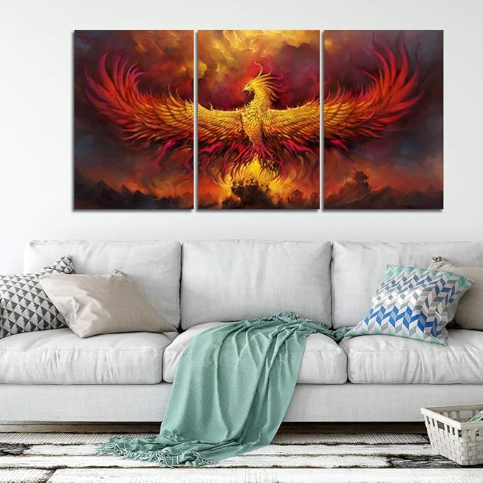 Yetaryy Fantasy Wall Art Canvas Prints Golden Red Burning Phoenix Volcanic Ancient Mystic Animal Birds Living Room Bedroom Home Decor Wall Decoration 3 Panels Wood Framed Poster - 72" W x 36" H