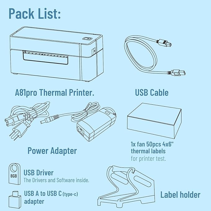 Wireless Bluetooth Thermal Label Printer A81pro, 4x6 Shipping Label Maker, 203dpi, Highspeed 150mm/s, Works with Phone App, Windows & Mac, Ink-Free Printing for Home Office & Small Business