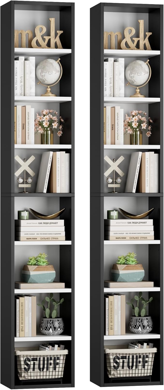 FOTOSOK 2 Pcs 71'' Tall Narrow Bookshelf, 8-Tier Media Tower Rack Set of 2, CD DVD Storage Cabinet with Adjustable Shelves, Tall Narrow Bookcase Skinny Display Bookshelf Slim Shelf, White/Black