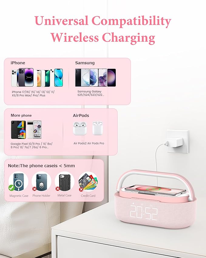 COLSUR Bluetooth Speaker Alarm Clock with Wireless Charger, FM Radio, Adjustable LED Night Light, 6 in 1 Bedroom Portable Speaker 2500mAh, Phone Stand for Bedside, Home, Office, Gift (Pink)