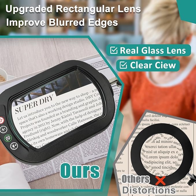 10X Magnifying Glass with Light, Rectangle Real Glass, 5 Color Modes Stepless Dimmable Magnifier with Stand, LED Lighted Clamp Desk Lamp with Swing Arm, Hands Free for Reading Crafts Close Work